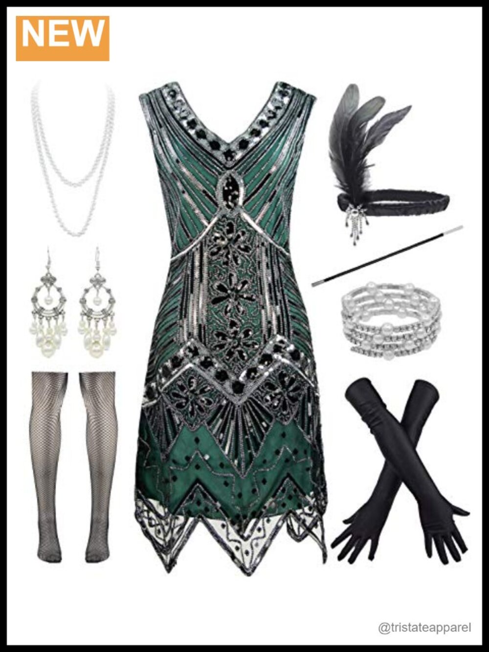 1920s Sequin Flapper Dress Set V Neck Gatsby Prom Cocktail with Accessories
